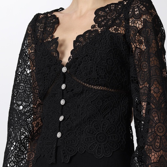 Self-Portrait Black Floral Guipure Puff Sleeve Blouse - Picture 2 of 7